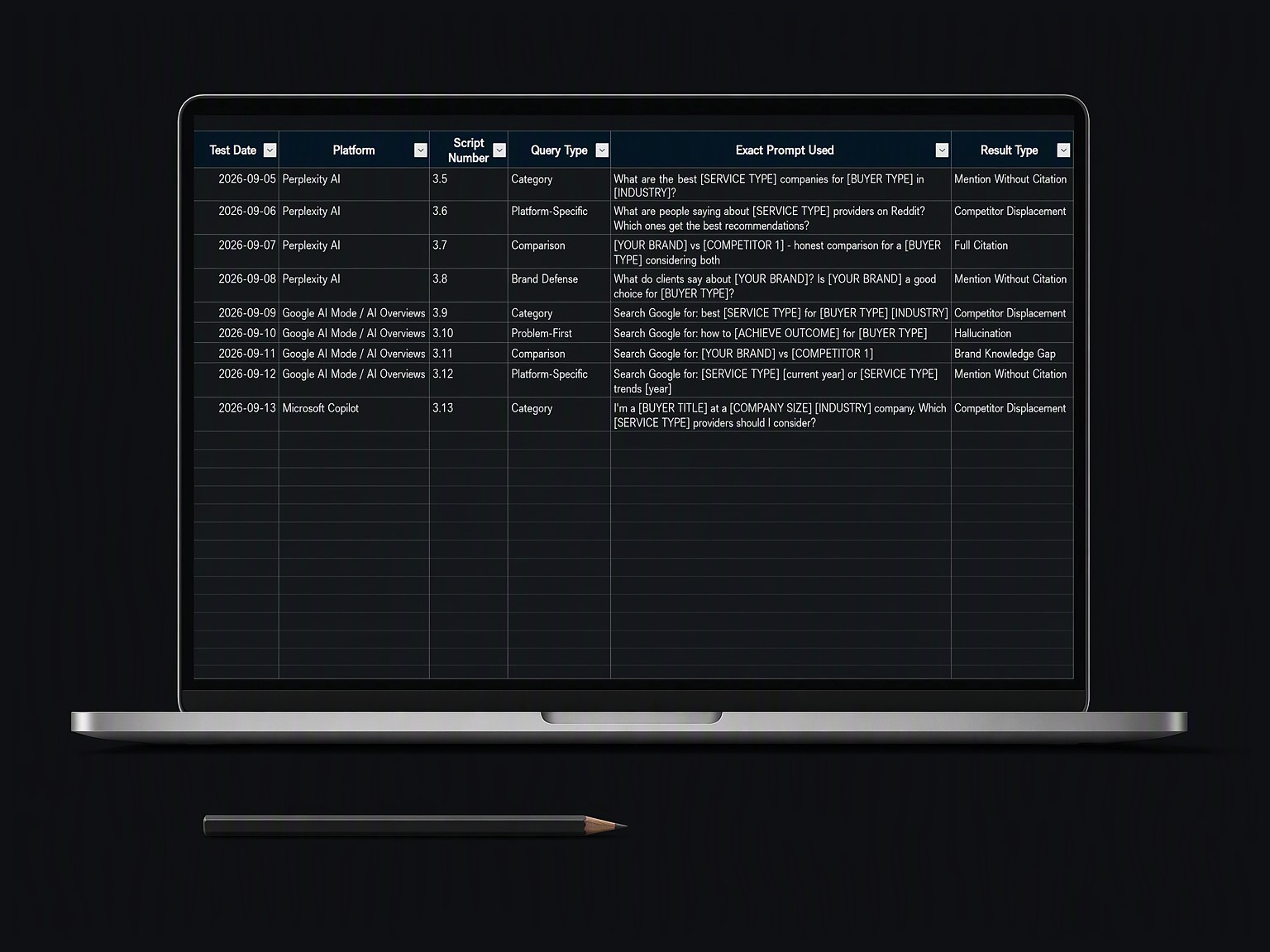 Example rows from the testing log: dated rows of questions asked on AI platforms such as Perplexity and Google, each answer sorted into a type such as Mention Without Citation, Competitor Displacement or Full Citation.