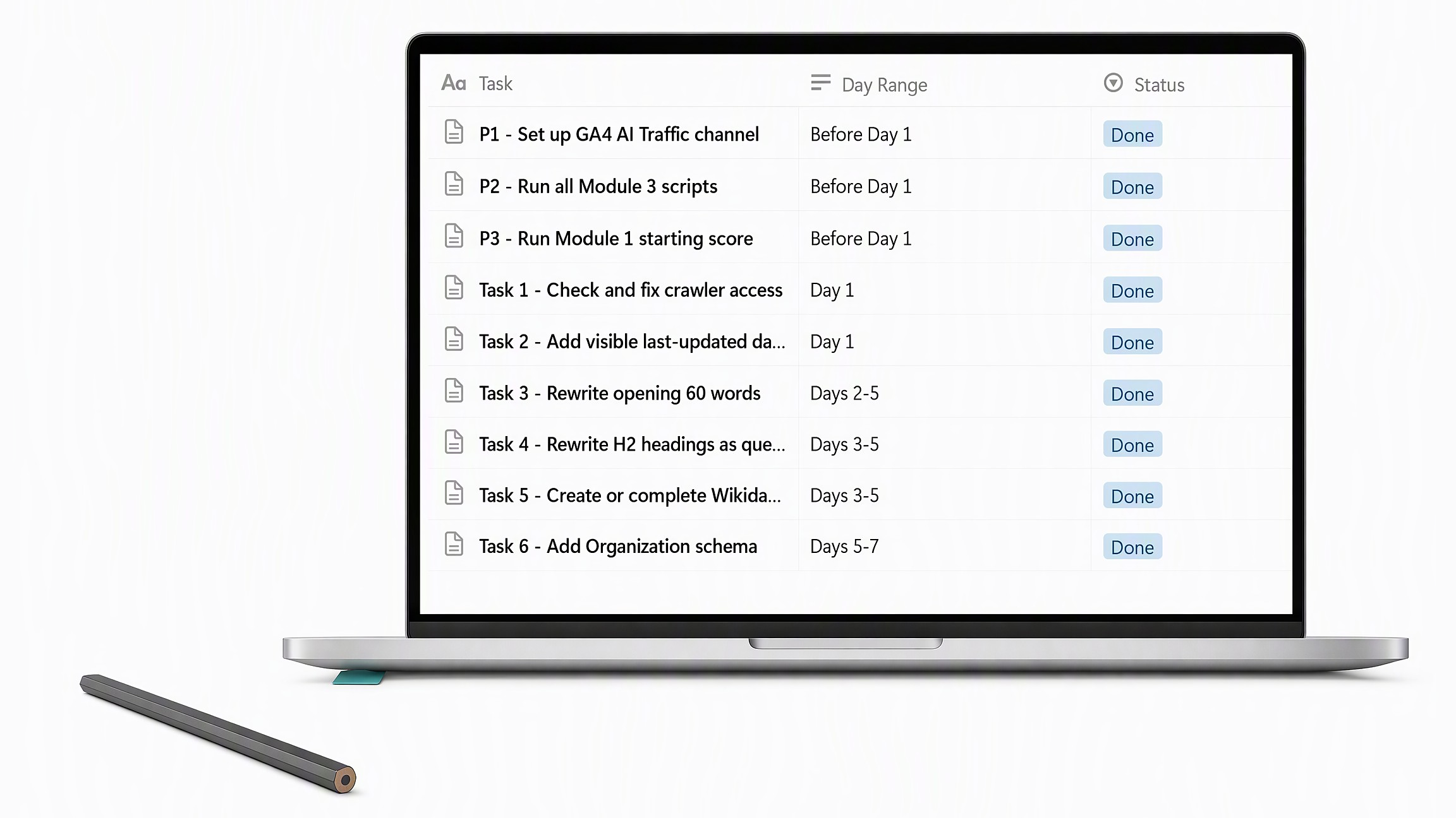 The Week One tracker with every task marked done.