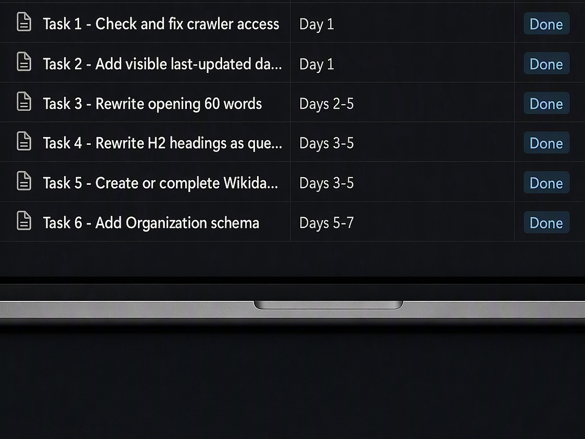 Tasks one to six of Week One, each marked done.