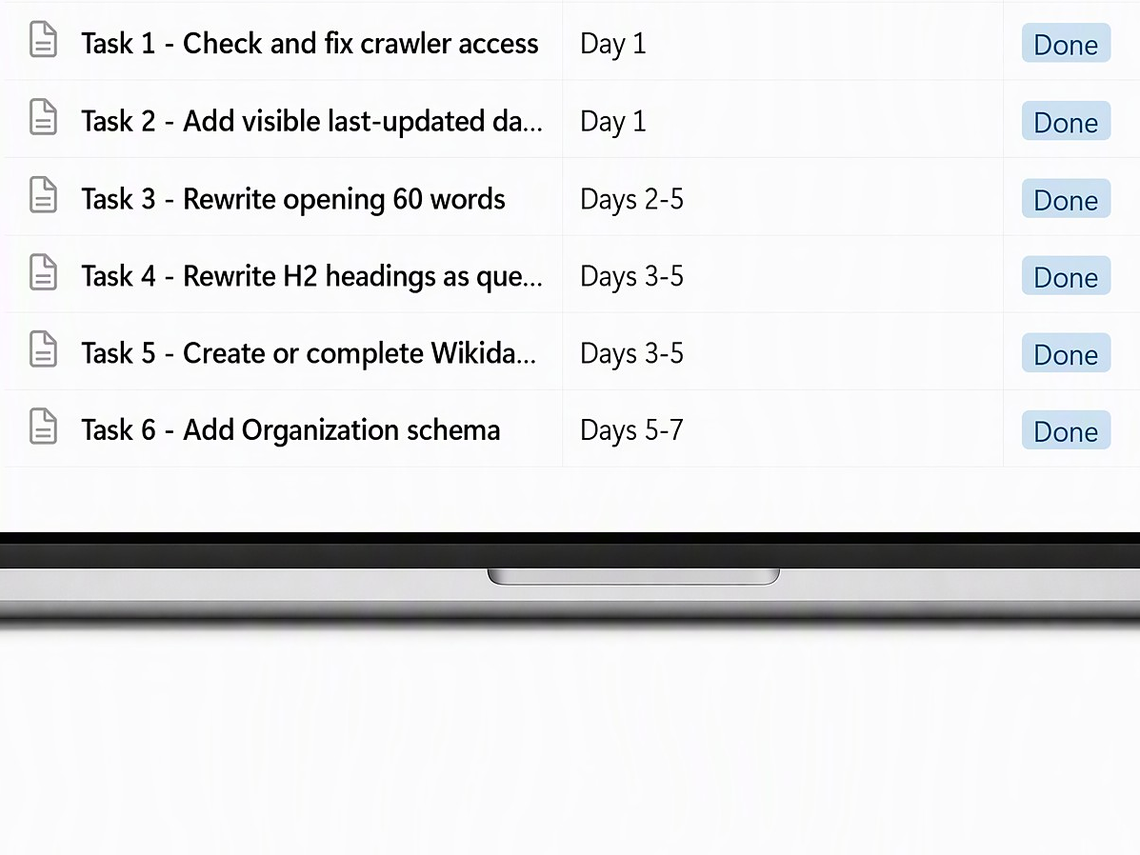 Tasks one to six of Week One, each marked done.